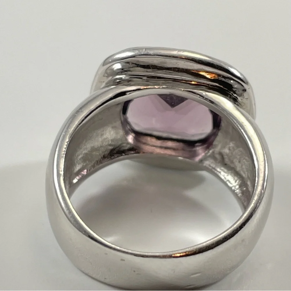 Bold Chunky Statement Ring Silver Ton Purple Cushion Cut Glass Halo Sz 7.5